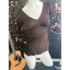 Express Design Studio Brown Silk Blend Empire Waist Tie Back V-Neck Blouse Small